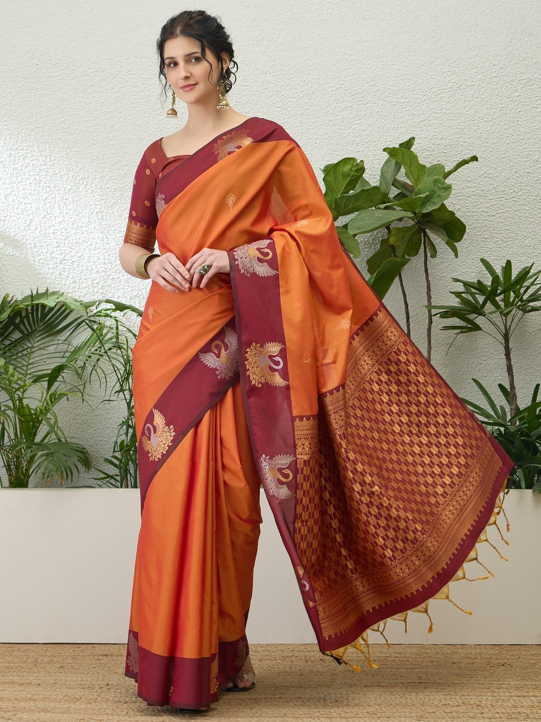 Elegant Orange Handloom Silk Saree with Maroon Border - Image 1