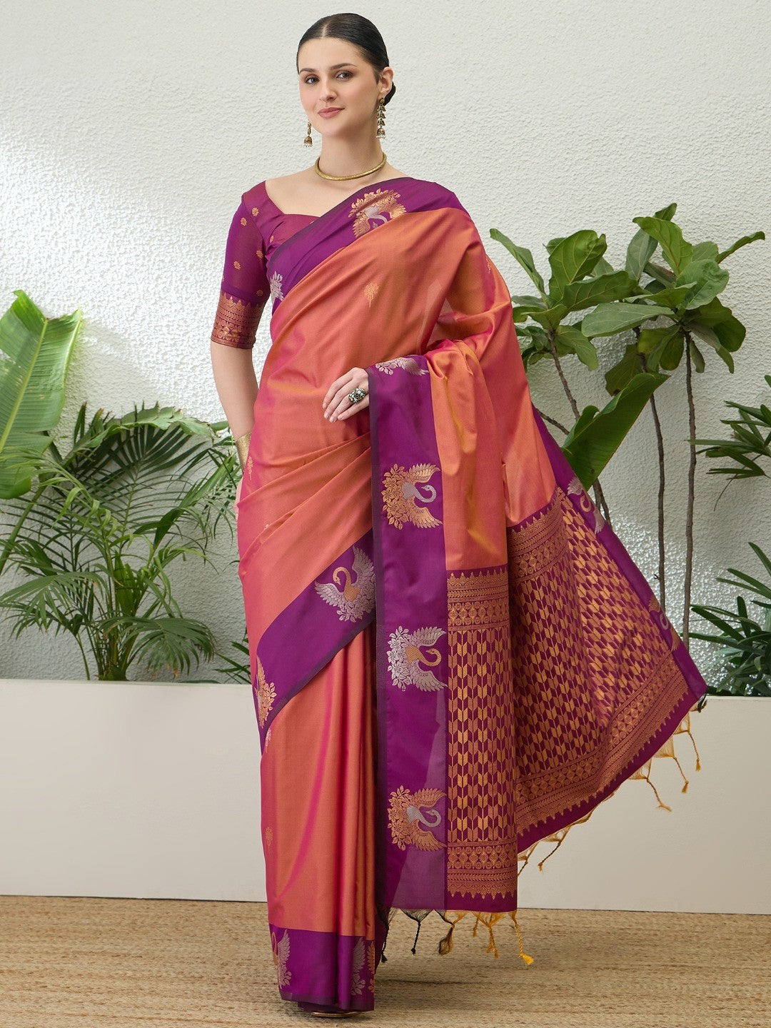 Elegant Burnt Orange Handloom Silk Saree with Woven Design - Image 1