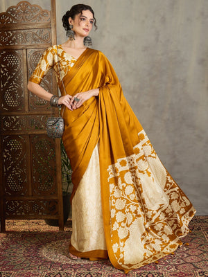 Ethnic Mustard Satin Saree with Detailed Kalamkari Printed Design - Image 1