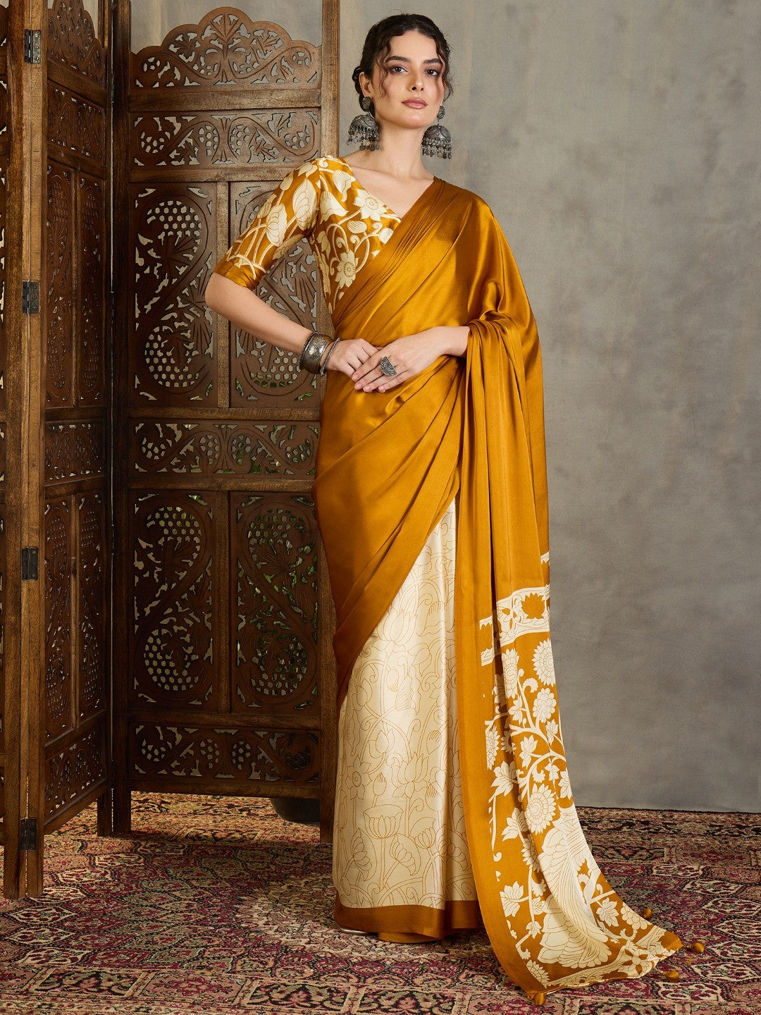 Ethnic Mustard Satin Saree with Detailed Kalamkari Printed Design - Image 4