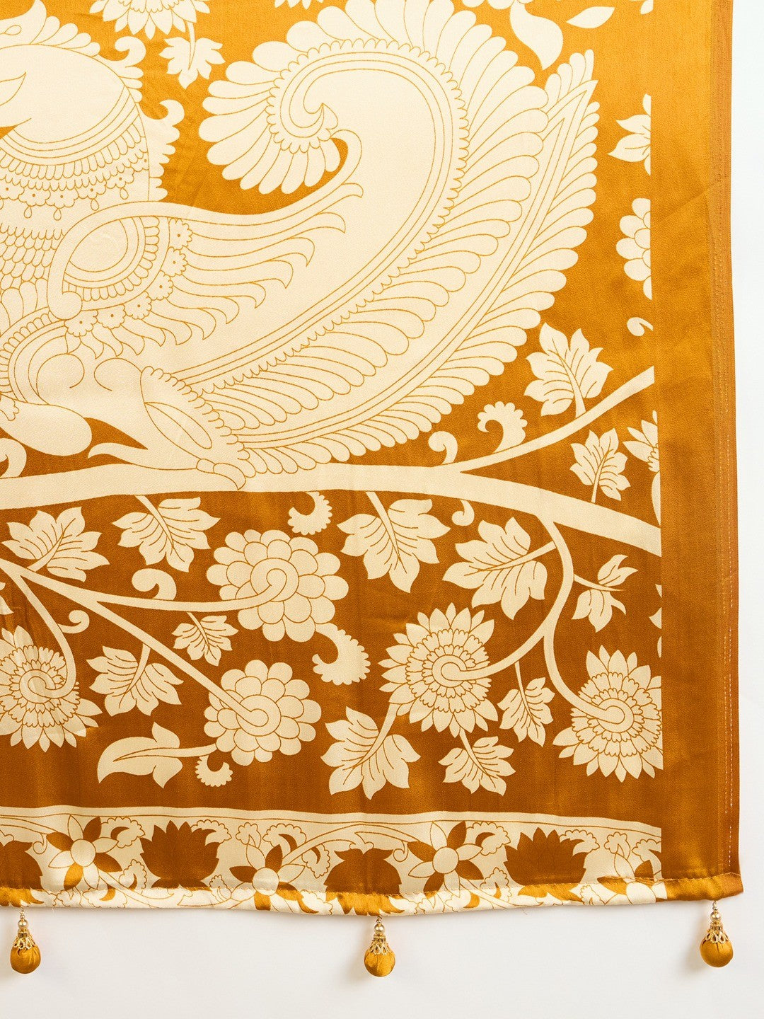 Ethnic Mustard Satin Saree with Detailed Kalamkari Printed Design - Image 2