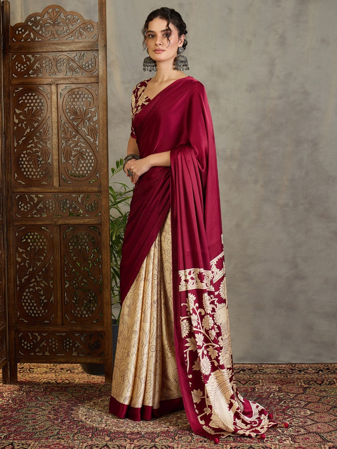 Ethnic Maroon Satin Saree with Detailed Kalamkari Printed Design - Image 7