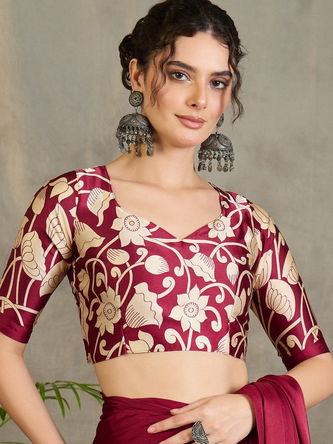 Ethnic Maroon Satin Saree with Detailed Kalamkari Printed Design - Image 8