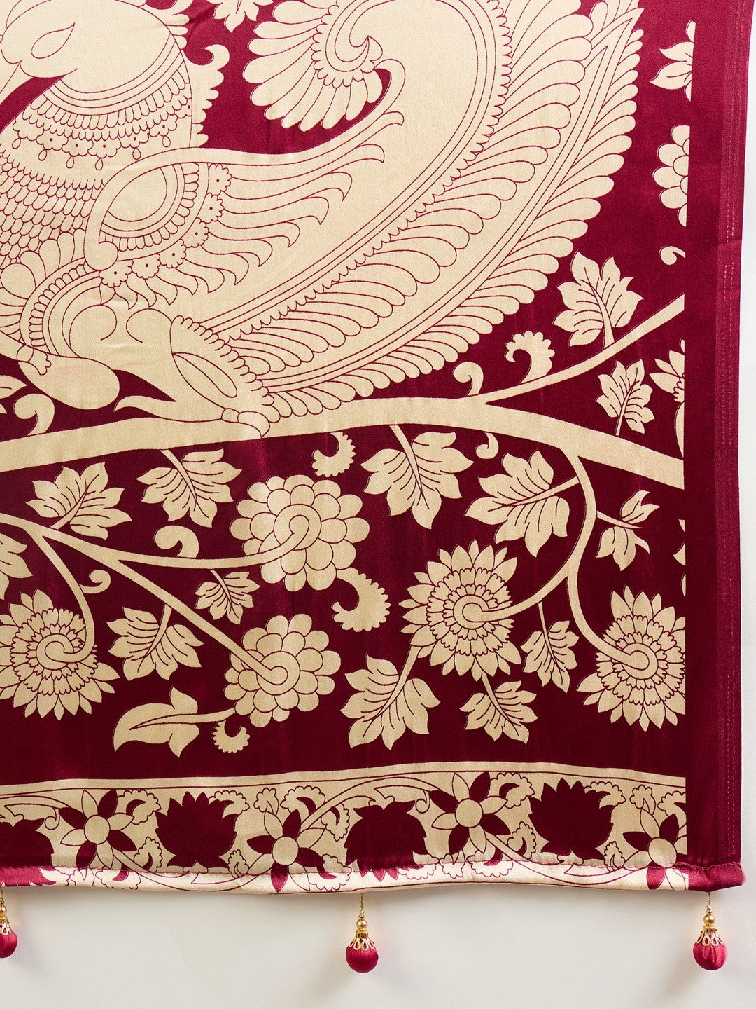 Ethnic Maroon Satin Saree with Detailed Kalamkari Printed Design - Image 2