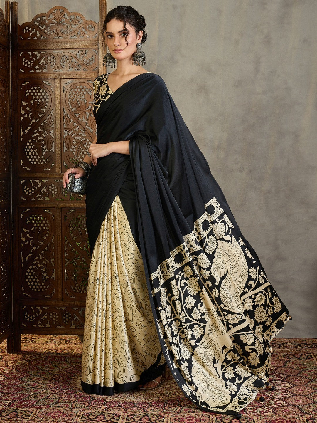 Ethnic Black Satin Saree with Detailed Kalamkari Printed Design - Image 8