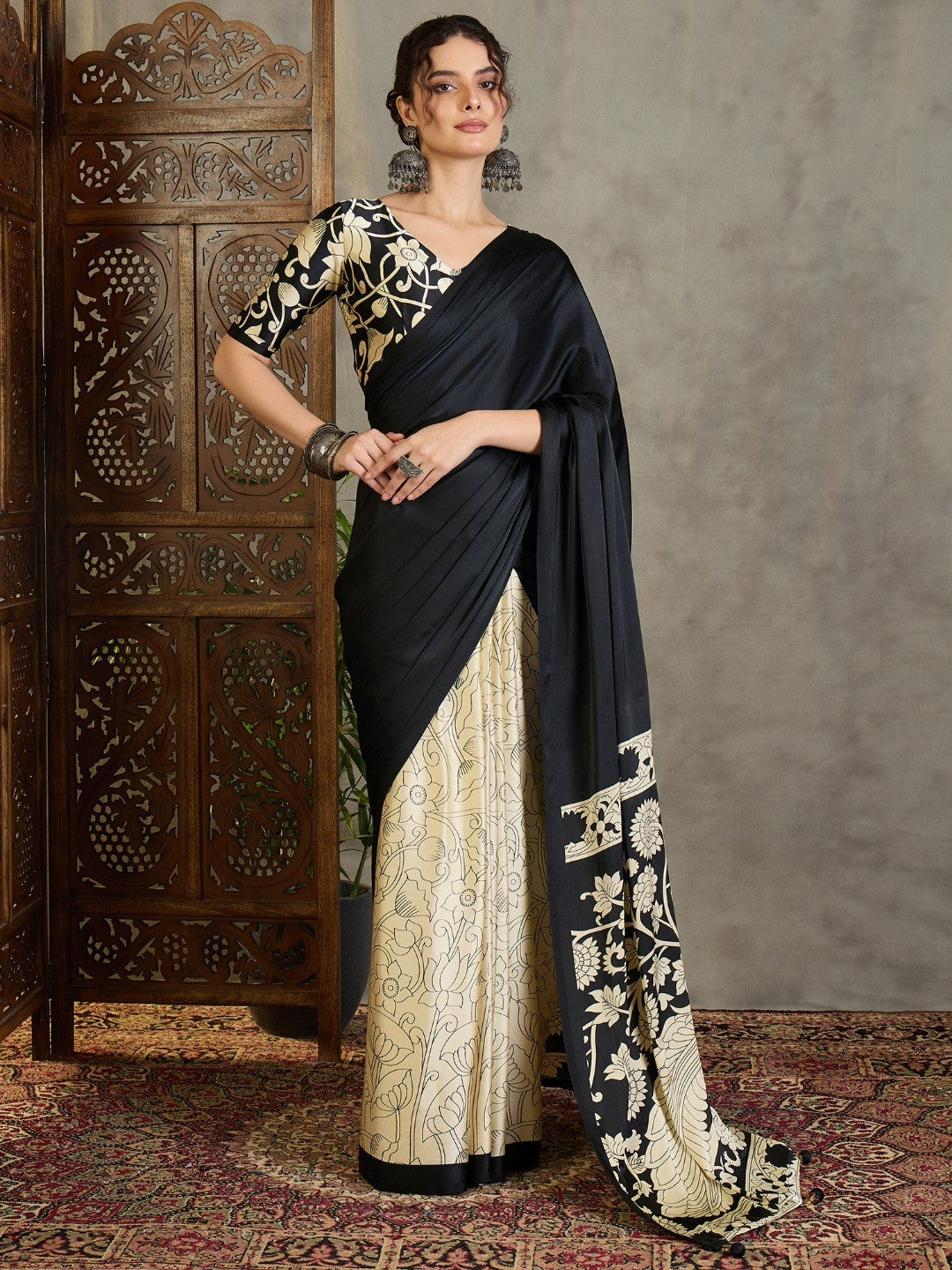 Ethnic Black Satin Saree with Detailed Kalamkari Printed Design - Image 1