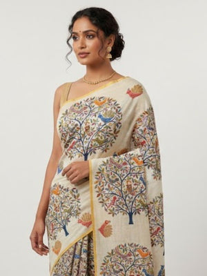 Ethnic Beige Tussar Silk Saree with Detailed Tree of Life Printed Motifs - Image 1
