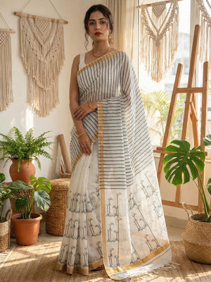 Elegant White Linen Saree with Striped Pallu and Zari Border - Image 1