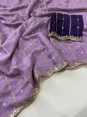 Stylish Lavender Stripe Pattern Georgette Saree With Shimmering Sequins Embroidery Work - Image 2