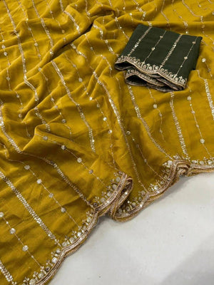 Stylish Mustard Stripe Pattern Georgette Saree With Shimmering Sequins Embroidery Work - Image 2