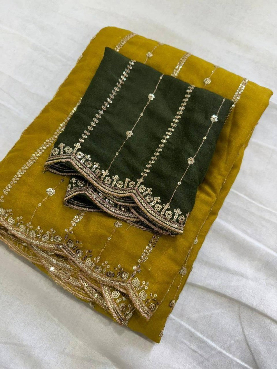 Stylish Mustard Stripe Pattern Georgette Saree With Shimmering Sequins Embroidery Work - Image 3