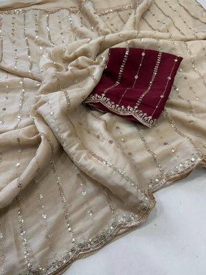 Stylish Offwhite Stripe Pattern Georgette Saree With Shimmering Sequins Embroidery Work - Image 2