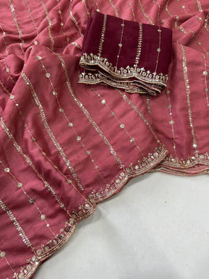Stylish Dusty Rose Pink Stripe Pattern Georgette Saree With Shimmering Sequins Embroidery Work - Image 2