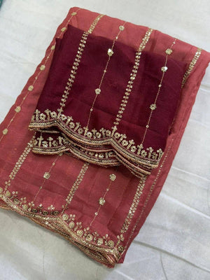 Stylish Dusty Rose Pink Stripe Pattern Georgette Saree With Shimmering Sequins Embroidery Work - Image 2