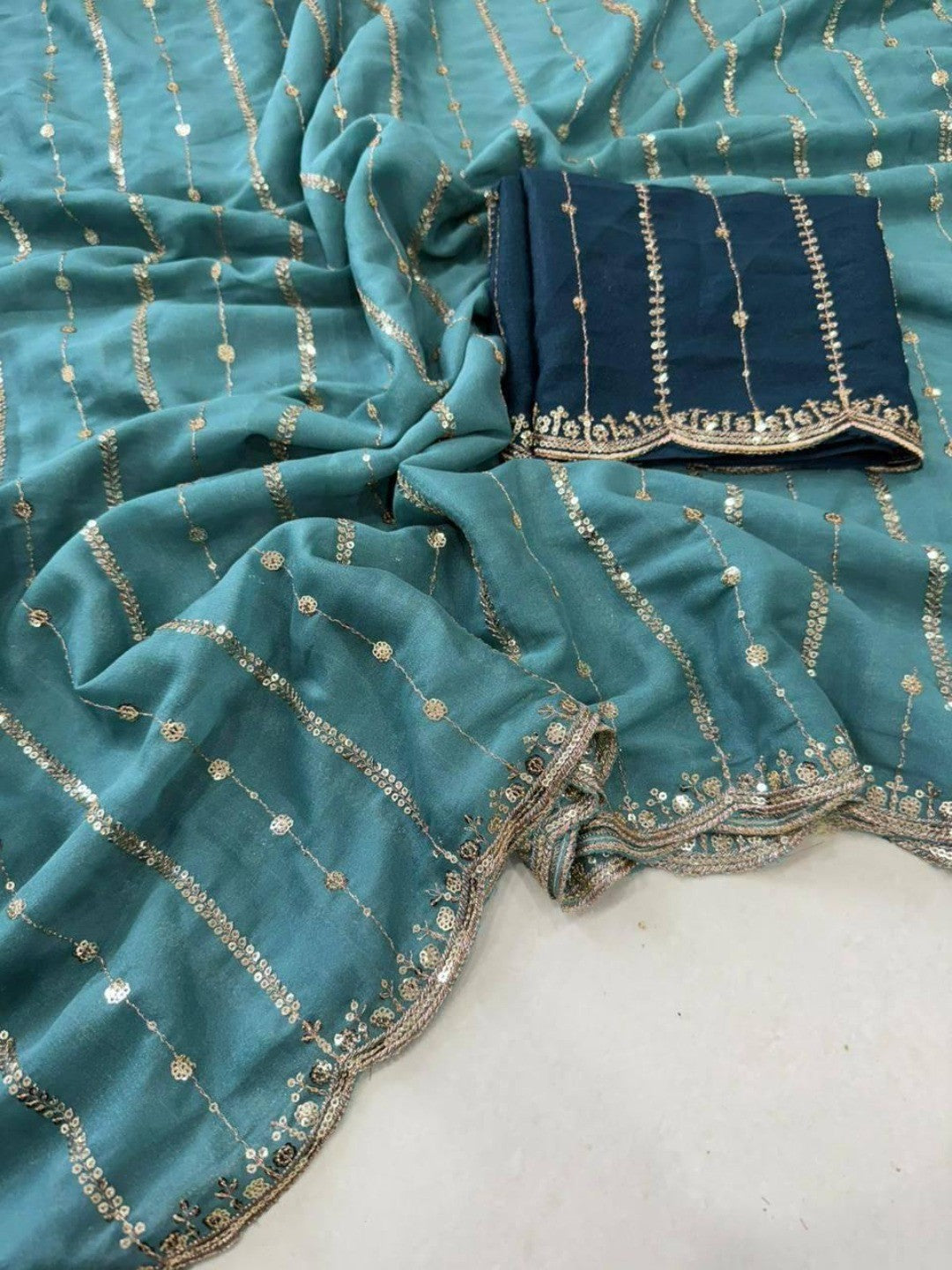 Stylish Teal Blue Stripe Pattern Georgette Saree With Shimmering Sequins Embroidery Work - Image 2