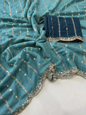 Stylish Teal Blue Stripe Pattern Georgette Saree With Shimmering Sequins Embroidery Work - Image 2