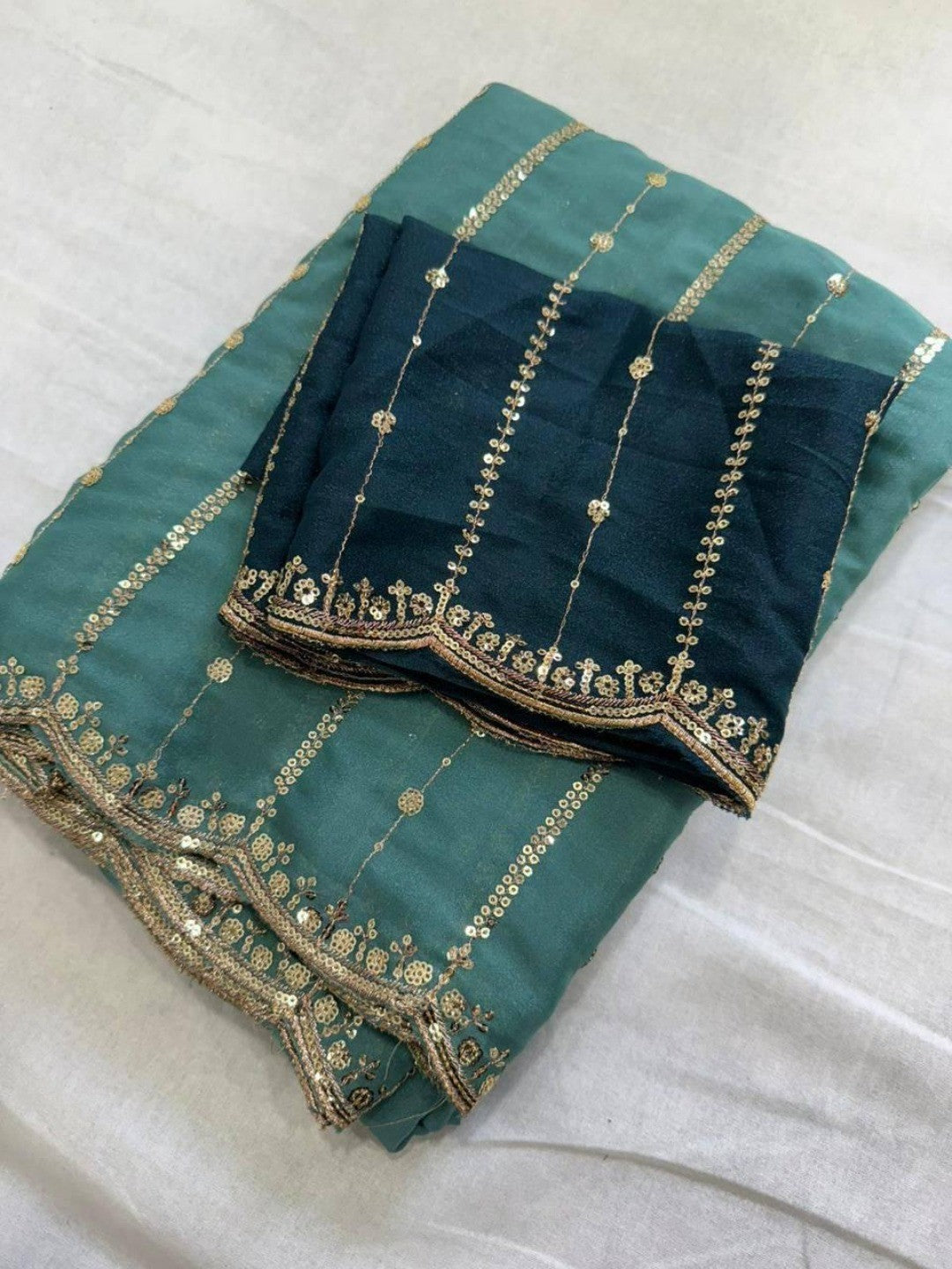 Stylish Teal Blue Stripe Pattern Georgette Saree With Shimmering Sequins Embroidery Work - Image 3