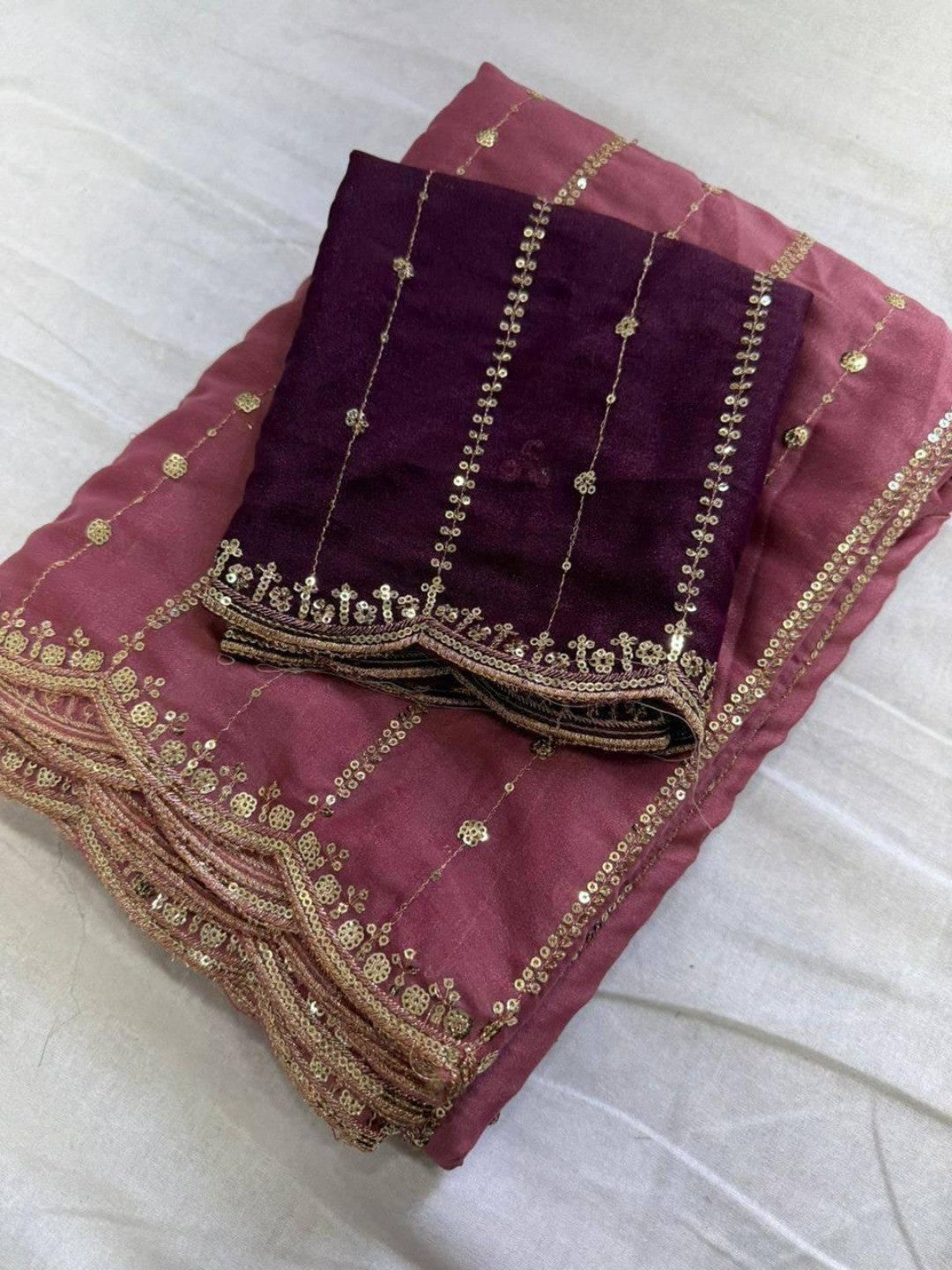 Stylish Wine Stripe Pattern Georgette Saree With Shimmering Sequins Embroidery Work - Image 2