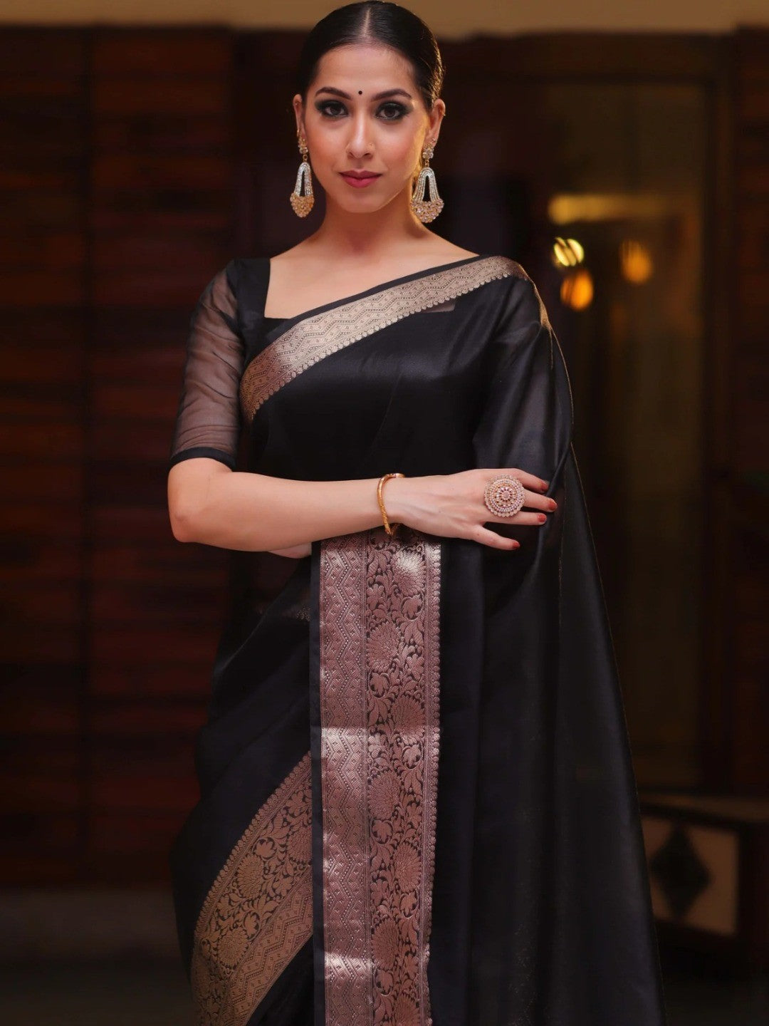 Classic Black Solid Organza Saree Featuring Floral Golden Zari Weaving Border - Image 4