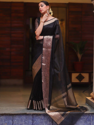 Classic Black Solid Organza Saree Featuring Floral Golden Zari Weaving Border - Image 2