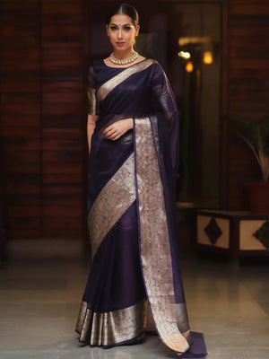 Classic Blue Solid Organza Saree Featuring Floral Golden Zari Weaving Border - Image 1