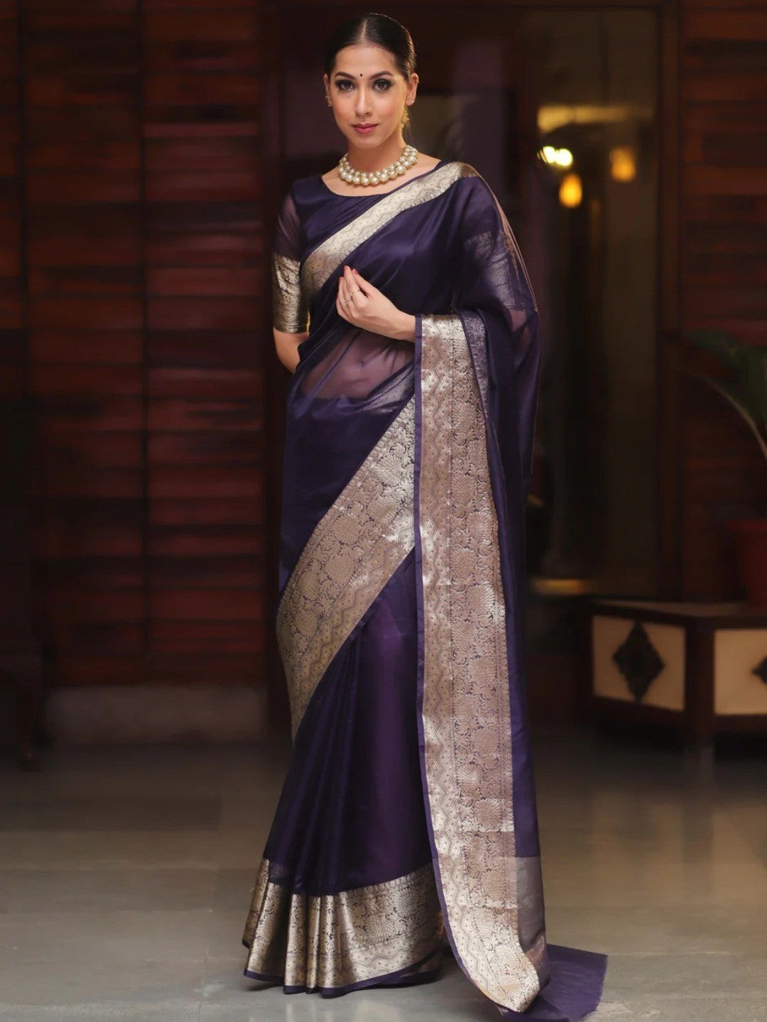 Classic Blue Solid Organza Saree Featuring Floral Golden Zari Weaving Border - Image 8