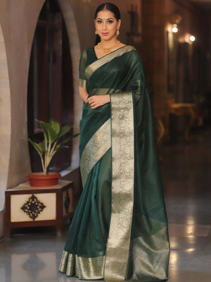 Classic Dark Green Solid Organza Saree Featuring Floral Golden Zari Weaving Border - Image 1