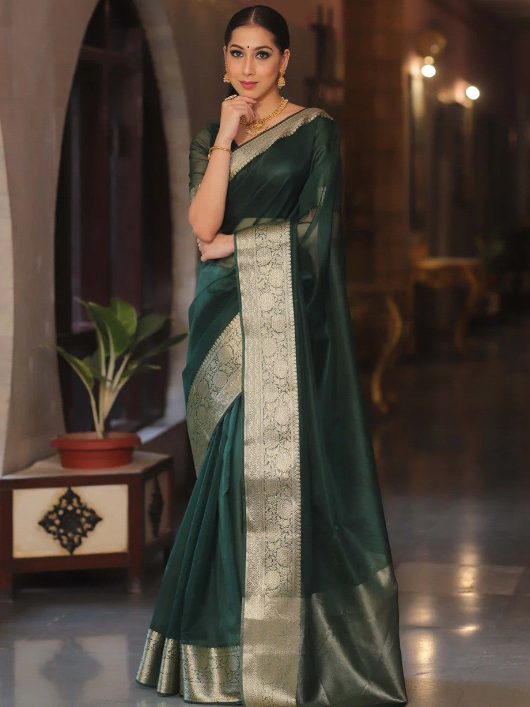 Classic Dark Green Solid Organza Saree Featuring Floral Golden Zari Weaving Border - Image 3