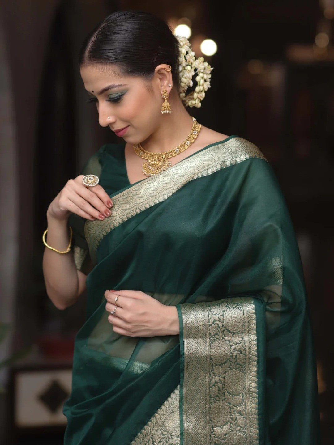 Classic Dark Green Solid Organza Saree Featuring Floral Golden Zari Weaving Border - Image 7