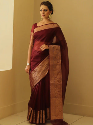 Classic Maroon Solid Organza Saree Featuring Floral Golden Zari Weaving Border - Image 1