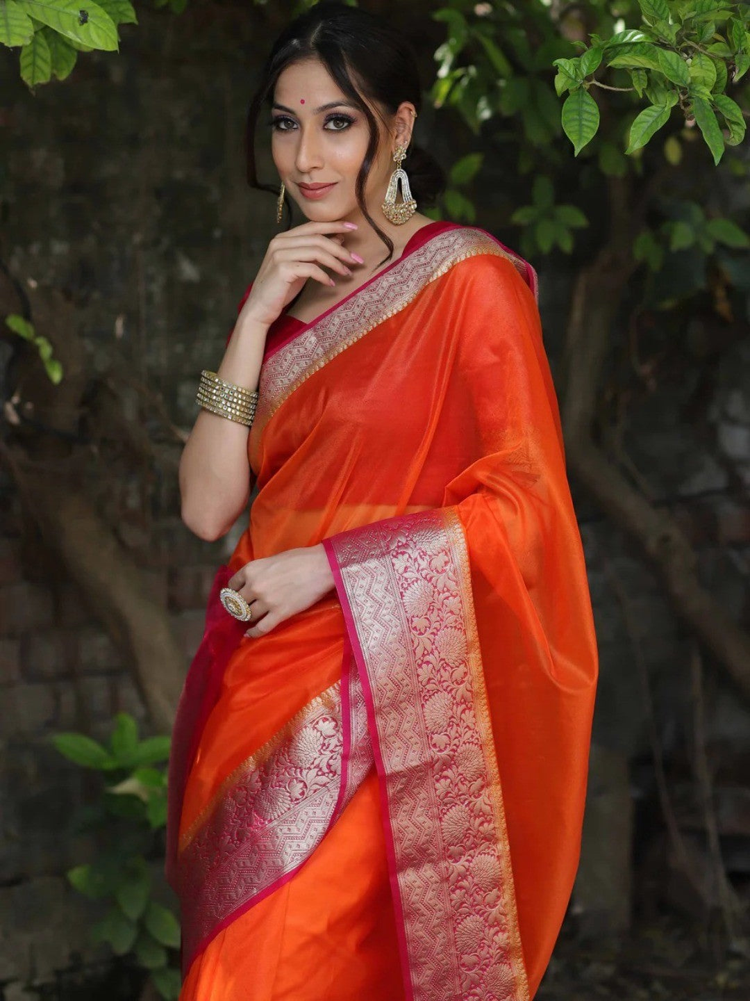 Classic Orange Solid Organza Saree Featuring Floral Golden Zari Weaving Border - Image 7