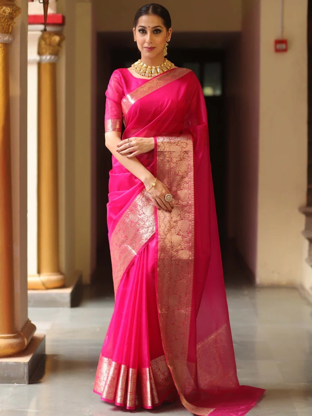 Classic Rani Pink Solid Organza Saree Featuring Floral Golden Zari Weaving Border - Image 9
