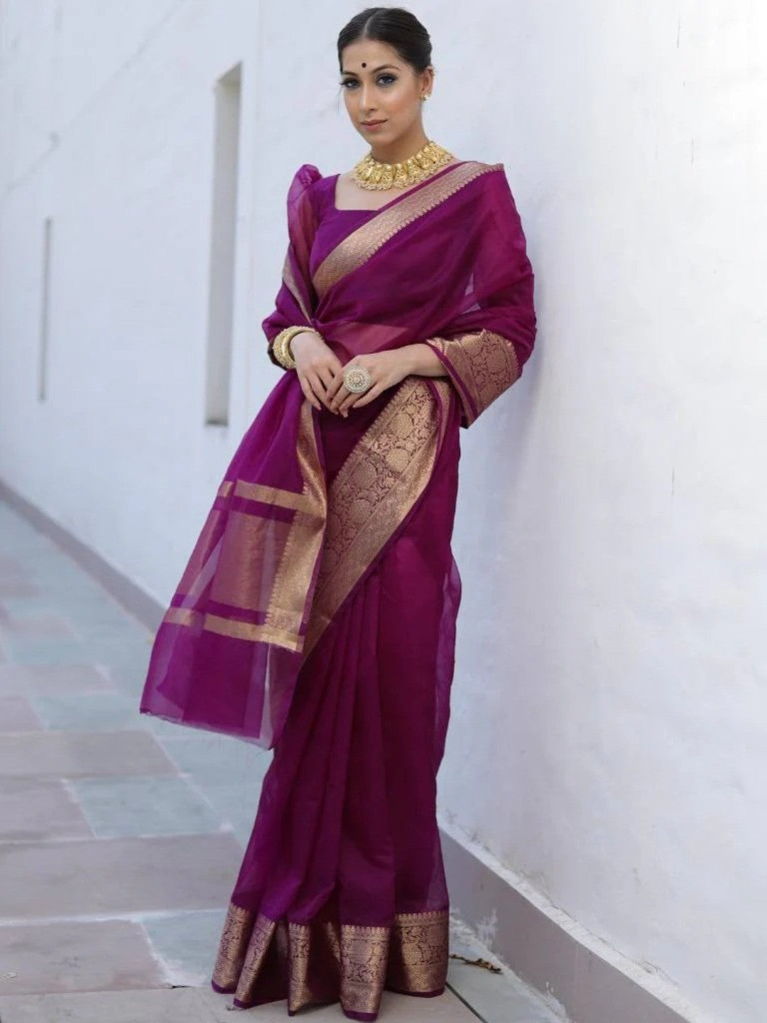 Classic Wine Solid Organza Saree Featuring Floral Golden Zari Weaving Border - Image 6