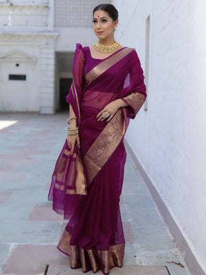 Classic Wine Solid Organza Saree Featuring Floral Golden Zari Weaving Border - Image 1