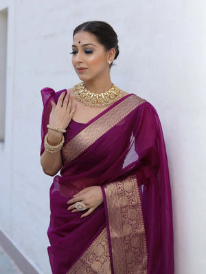 Classic Wine Solid Organza Saree Featuring Floral Golden Zari Weaving Border - Image 2