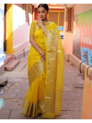 Classic Yellow Solid Organza Saree Featuring Floral Golden Zari Weaving Border - Image 2