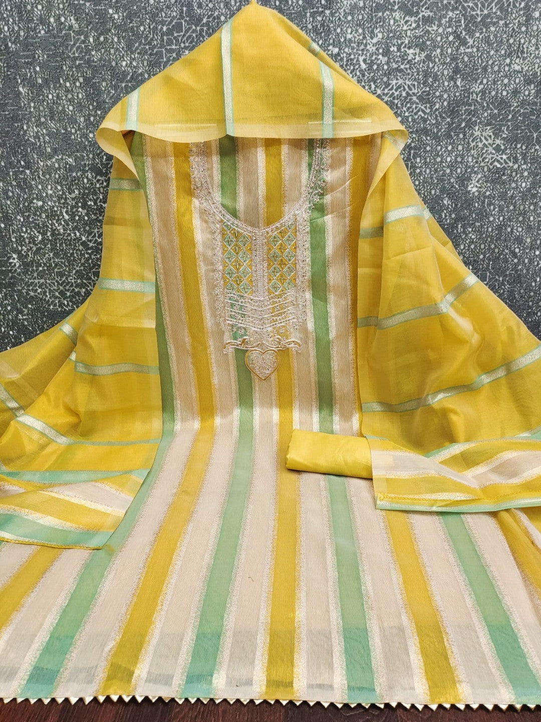Radiant Yellow Striped Weaving Shimmer Dress Material With Elegant Cording Embroidery Work - Image 3
