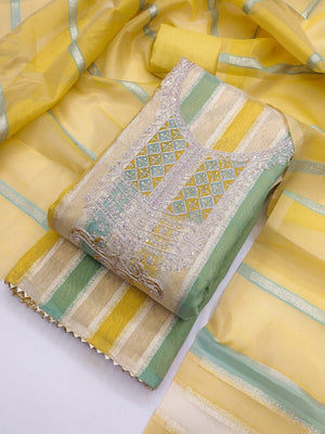 Radiant Yellow Striped Weaving Shimmer Dress Material With Elegant Cording Embroidery Work - Image 1