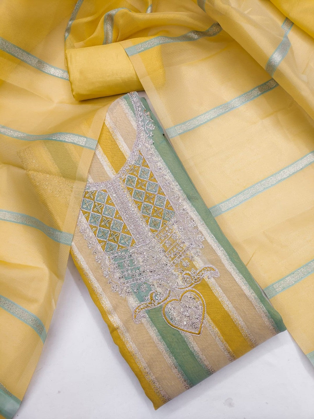 Radiant Yellow Striped Weaving Shimmer Dress Material With Elegant Cording Embroidery Work - Image 6