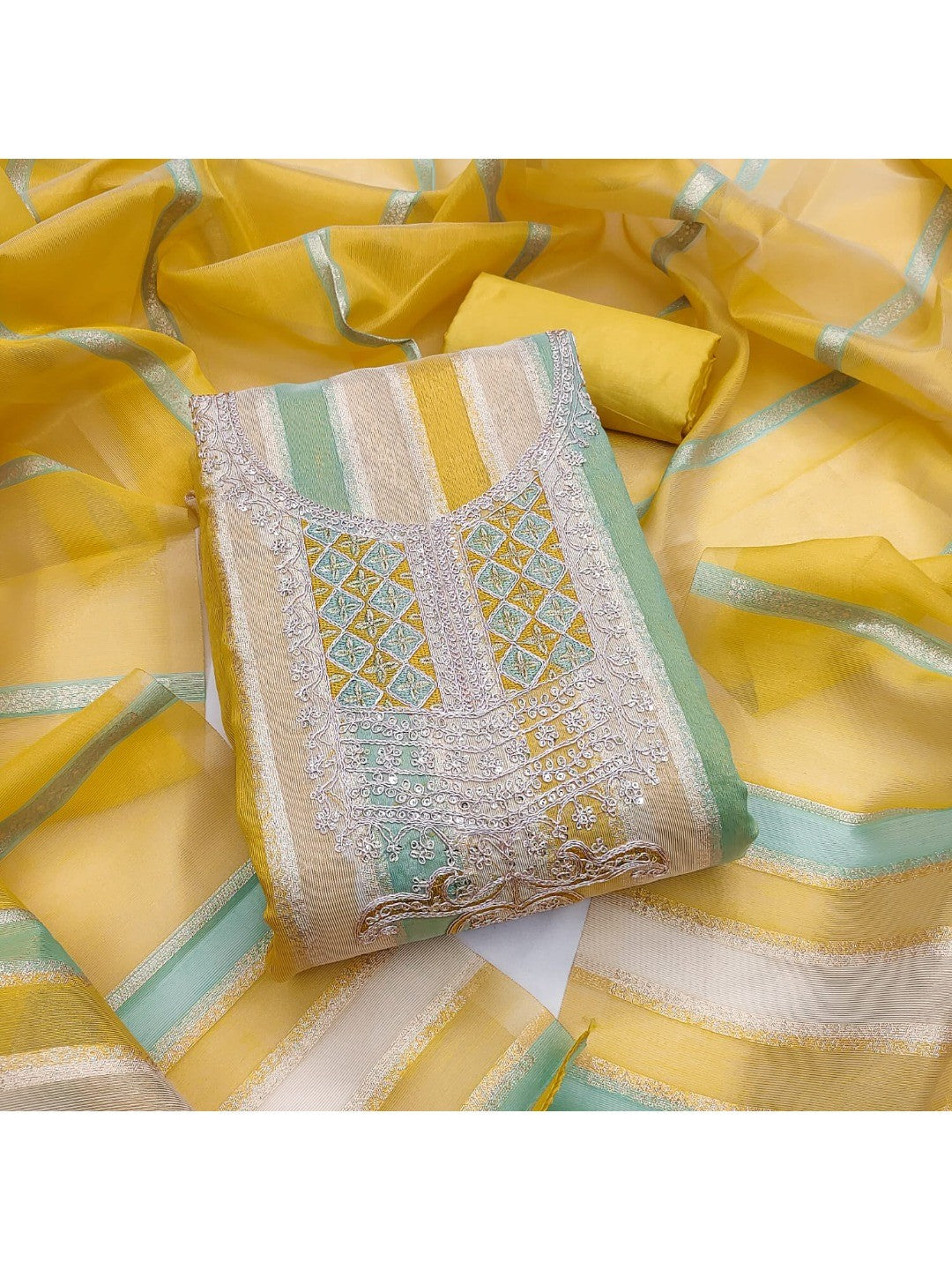 Radiant Yellow Striped Weaving Shimmer Dress Material With Elegant Cording Embroidery Work - Image 5