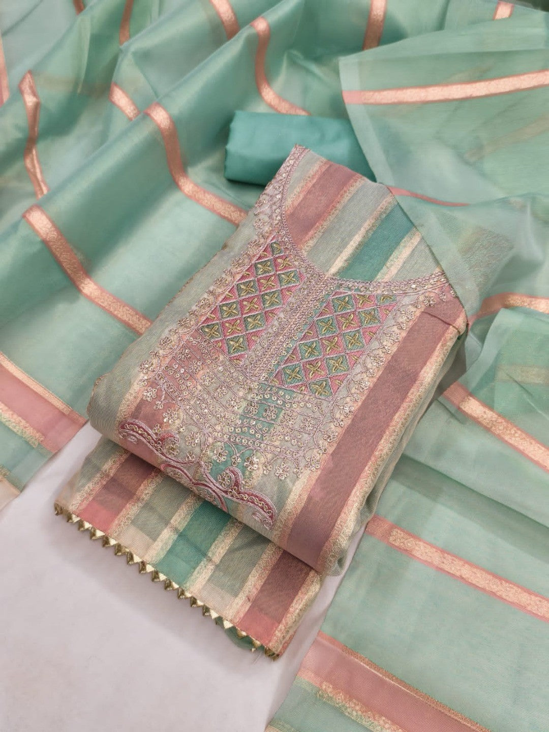 Radiant Green Striped Weaving Shimmer Dress Material With Elegant Cording Embroidery Work - Image 1