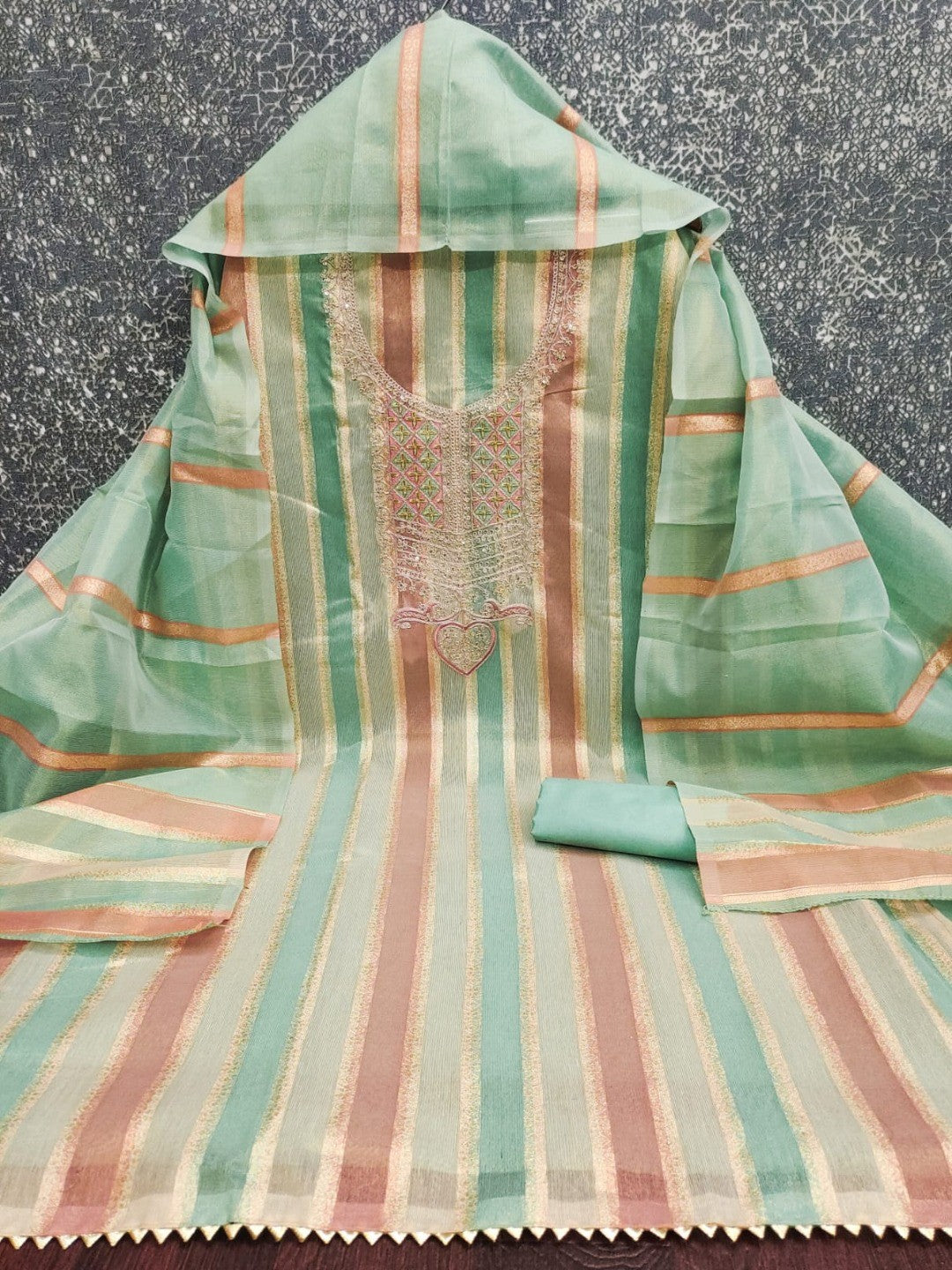 Radiant Green Striped Weaving Shimmer Dress Material With Elegant Cording Embroidery Work - Image 3