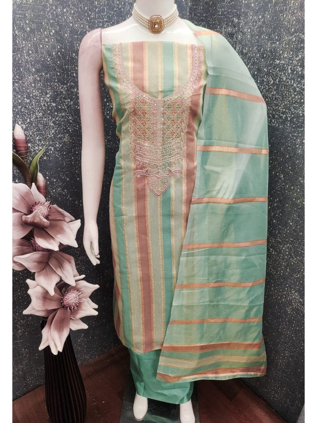 Radiant Green Striped Weaving Shimmer Dress Material With Elegant Cording Embroidery Work - Image 4