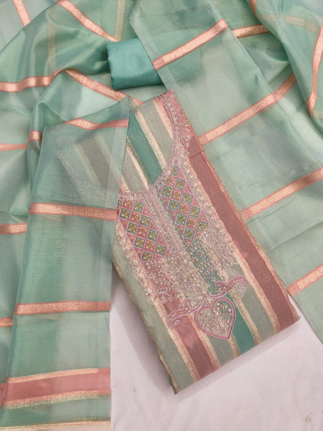 Radiant Green Striped Weaving Shimmer Dress Material With Elegant Cording Embroidery Work - Image 6