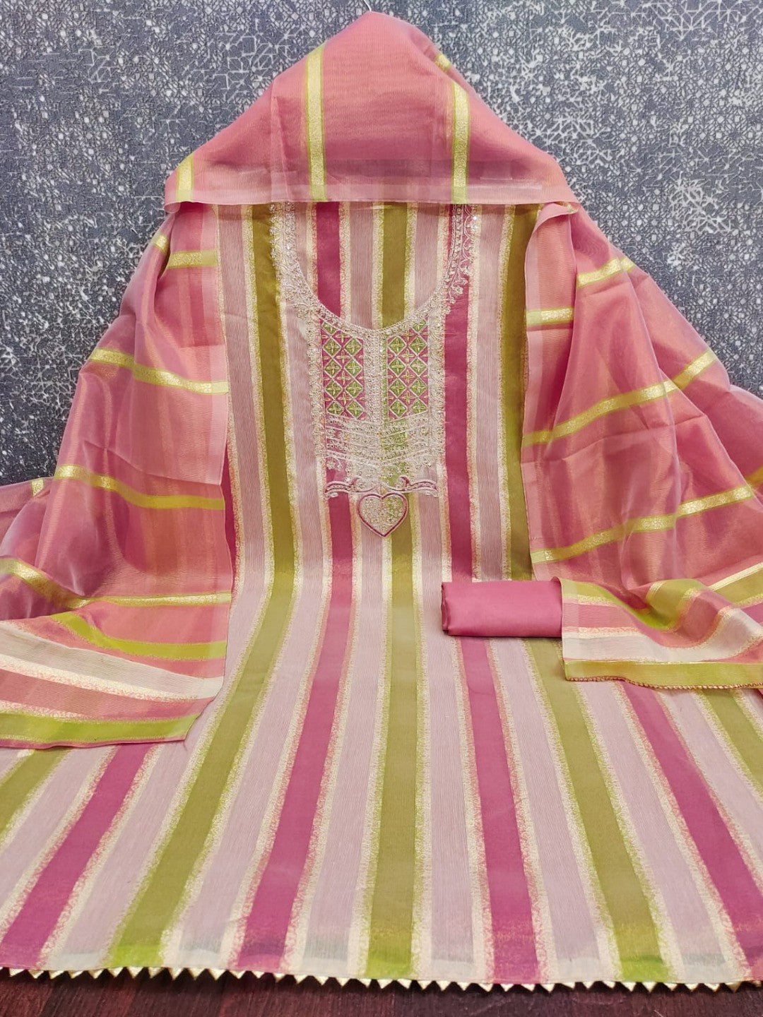 Radiant Pink Striped Weaving Shimmer Dress Material With Elegant Cording Embroidery Work - Image 3