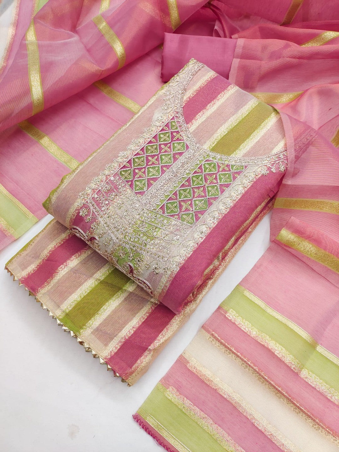 Radiant Pink Striped Weaving Shimmer Dress Material With Elegant Cording Embroidery Work - Image 6