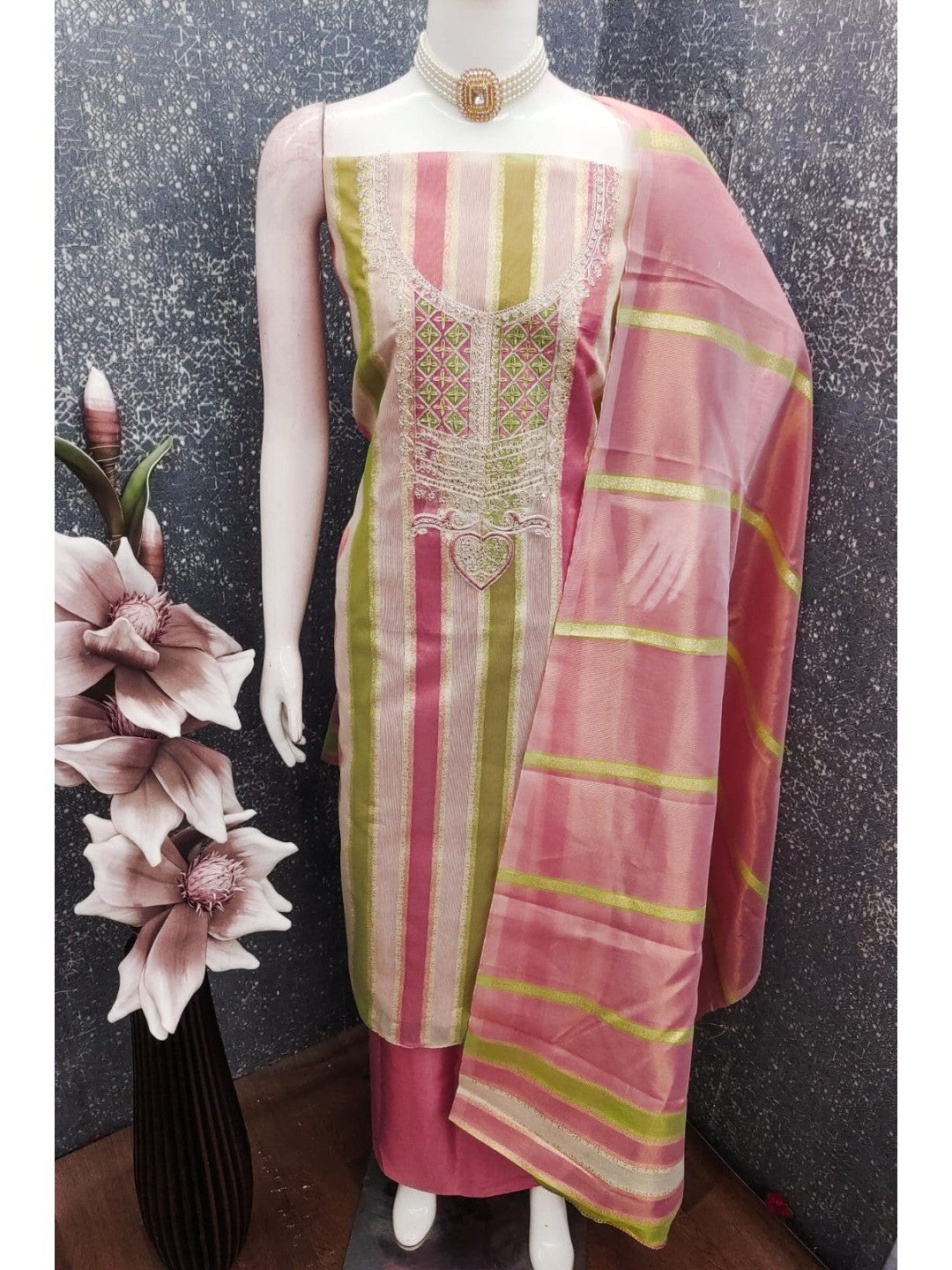 Radiant Pink Striped Weaving Shimmer Dress Material With Elegant Cording Embroidery Work - Image 5