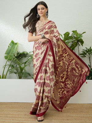 Premium Cream Satin Saree With Artistic Elephant Print And Tassel Pallu Accent - Image 1
