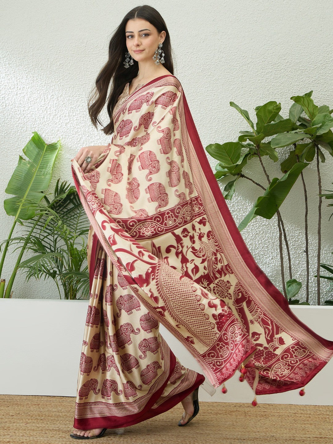 Premium Cream Satin Saree With Artistic Elephant Print And Tassel Pallu Accent - Image 8