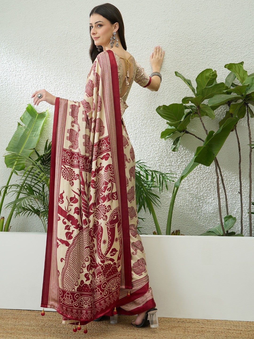 Premium Cream Satin Saree With Artistic Elephant Print And Tassel Pallu Accent - Image 6